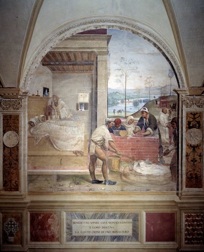 Benedict dukker opp for to munker og presenterer dem prosjektet med en klosterfreskomaleri laget av Antonio Bazzi dit il Sodoma (1477 - 1549) som forteller om livet til Saint Benedict of Nursie (480 - 567) grunnlegger av Benediktinerordenen 1503 - 1508 Ab av Giovanni Antonio Bazzi Sodoma