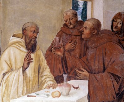 Benedict bryter et glass forgiftet vin og lager korsets tegn. Detaljfreskomaleri av klosteret laget av Antonio Bazzi dit il Sodoma (1477 - 1549) som forteller om livet til Saint Benedict of Nursie (480 - 567) grunnlegger av Benediktinerordenen 1503 - 1508 av Giovanni Antonio Bazzi Sodoma