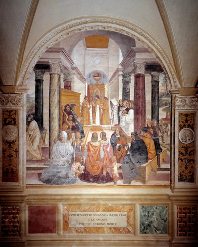 Benedikt ekskommuniserte to nonner og frikjenner dem etter deres død freske av klosteret produsert av Antonio Bazzi dit il Sodoma (1477 - 1549) som forteller om livet til den hellige Benedikt av Nursia (480 - 567) grunnlegger av Benediktinerordenen 1503 -  av Giovanni Antonio Bazzi Sodoma