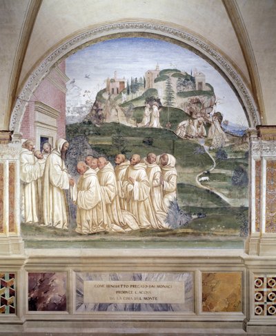 Benedikt utløste en kilde på toppen av fjellet Fresco of the Cloister laget av Antonio Bazzi dit il Sodoma (1477 - 1549) som forteller om livet til Saint Benedict of Nursie (480 - 567) grunnlegger av Benediktinerordenen 1503 - 1508 Abbey of Monte Oliveto av Giovanni Antonio Bazzi Sodoma