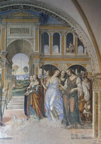 Florentius sender skjøgene inn i klosteret, scene fra St. Benedicts liv av Giovanni Antonio Bazzi Sodoma
