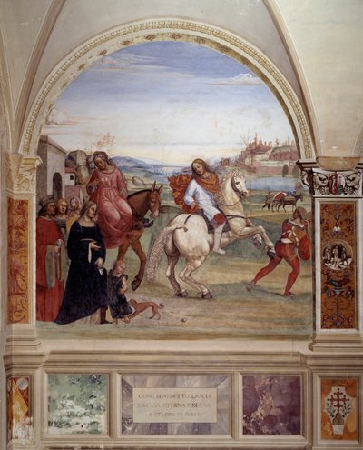 "Hvordan Benedikt forlot sin fars hus og dro til Roma for å studere" (Benedict forlot sin fars hus og dro til Roma for å studere) Klosterfreskomaleri laget av Antonio Bazzi dit il Sodoma (1477-1549) som forteller om livet til den hellige Benedikt av Nursia av Giovanni Antonio Bazzi Sodoma