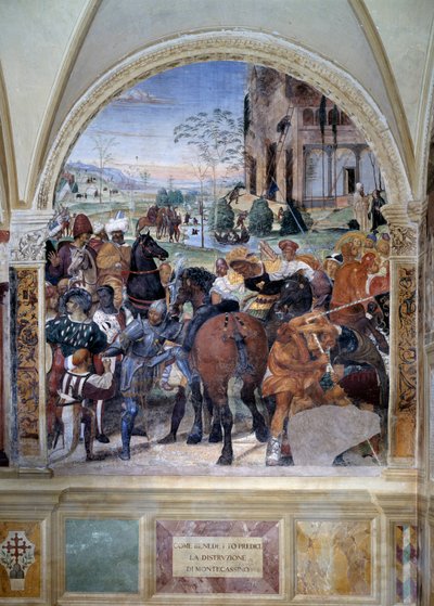 Hvordan Benedict spår ødeleggelsen av Monte Cassino (St. Benedict forutsier ødeleggelsen av Monte Cassino) Detalj - freske av klosteret laget av Antonio Bazzi dit il Sodoma (1477 - 1549) som forteller om livet til Saint Benedict of Nursie (480 - 567) fou av Giovanni Antonio Bazzi Sodoma