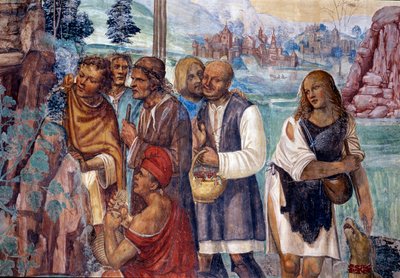 Hvordan Benedict lærer bøndene som besøker ham den hellige læren. Detaljfreskomaleri av klosteret realisert av Antonio Bazzi dit il Sodoma (1477 - 1549) som forteller om livet til den hellige Benedikt av Nursia (480 - 567) grunnlegger av Benediktinerordene av Giovanni Antonio Bazzi Sodoma