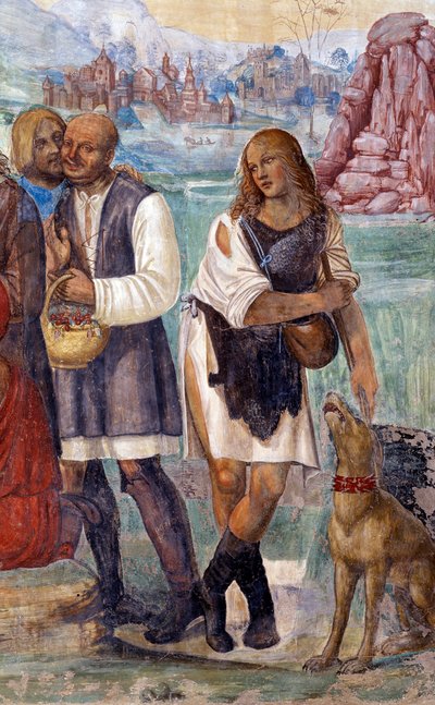 Hvordan Benedict lærer bøndene som besøker ham den hellige læren. Detaljfreskomaleri av klosteret realisert av Antonio Bazzi dit il Sodoma (1477 - 1549) som forteller om livet til Saint Benedict of Nursie (480 - 567) grunnlegger av Benediktinerordenen 1503 av Giovanni Antonio Bazzi Sodoma