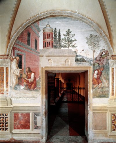 Hvordan Benedict blir til en vinslange, gjemte en tjener for ham. Detalj - freskomaleri av klesdrakten laget av Antonio Bazzi dit il Sodoma (1477 - 1549) som forteller om livet til Saint Benedict of Nursie (480 - 567) grunnlegger av Benediktinerordenen 150 av Giovanni Antonio Bazzi Sodoma