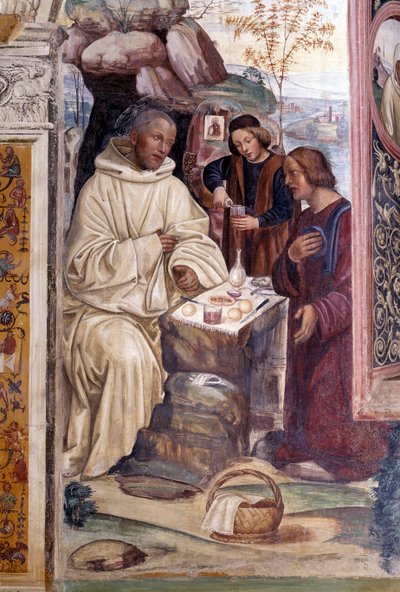 Hvordan en prest brakte mat til Benedikt i påsken (en prest brakte mat til Benedikt i påsken) Detalj - Klosterfreskomaleri laget av Antonio Bazzi dit il Sodoma (1477 - 1549) som forteller om livet til den hellige Benedikt av Nursia (480 - 567) grunnlegger  av Giovanni Antonio Bazzi Sodoma