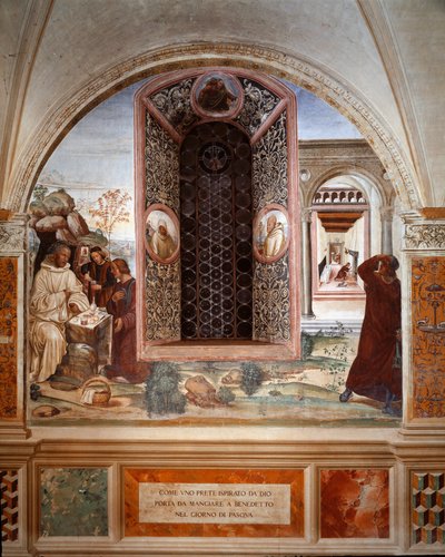 Hvordan en prest brakte mat til Benedikt i påsken - Freske av klosteret laget av Antonio Bazzi dit il Sodoma (1477 - 1549) som forteller om livet til den hellige Benedikt av Nursia (480 - 567) grunnlegger av Benediktinerordenen 1503 - 1508 Abbey of Monte O av Giovanni Antonio Bazzi Sodoma