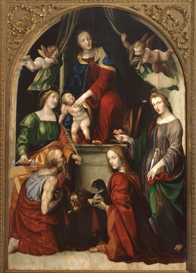 Madonna og barn og engler blant de hellige Jerome, Katarina av Alexandria, Lucy og evangelisten Johannes, ca. 1513 av Giovanni Antonio Bazzi Sodoma