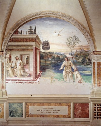 Maur går på vannet for å redde St. Placid (St Maurus går på vannet for å redde St. Placid) freske av klosteret laget av Antonio Bazzi dit il Sodoma (1477 - 1549) som forteller om livet til Saint Benedict of Nursie (480 - 567) grunnlegger av benediktinerord av Giovanni Antonio Bazzi Sodoma