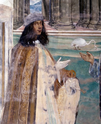 Saint Benedict fikser en ødelagt sil Selvportrett av kunstneren - Detalj Fresco av cloitre realisert av Antonio Bazzi dit il Sodoma (1477 - 1549) som forteller om livet til Saint Benedict of Nursie (480 - 567) grunnlegger av Benediktinerordenen 1503 - 1508 av Giovanni Antonio Bazzi Sodoma