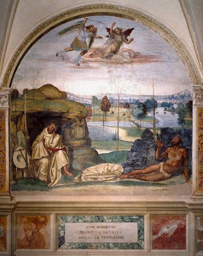 Den hellige Benedikt seier over fristelsen ved å kaste seg naken inn i en tornbusk, mens en engel kjemper mot demonen Fresco fra munkenes refektorium laget av Antonio Bazzi dit il Sodoma (1477 - 1549) som forteller om livet til den hellige Benediktiner (48 av Giovanni Antonio Bazzi Sodoma