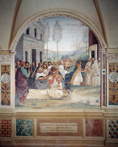 St. Benedict bærer Kristi kropp på kroppen til munken som jorden nekter å begrave freskomaleri av klosteret laget av Antonio Bazzi dit il Sodoma (1477 - 1549) som forteller om livet til Saint Benedict of Nursie (480 - 567) grunnlegger av Benedi-ordenen av Giovanni Antonio Bazzi Sodoma