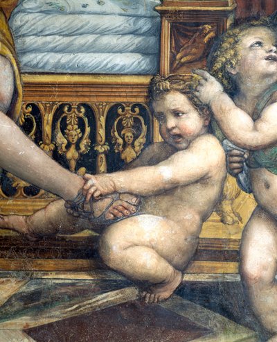 Sala delle Nozze di Alessandro e Rossana Hall av ekteskapet til Alexander den store 356-323 f.Kr. og Roxanne detalj av putto trekke Roxannes fot, ca.1513 fresko detalj av 107228 av Giovanni Antonio Bazzi Sodoma