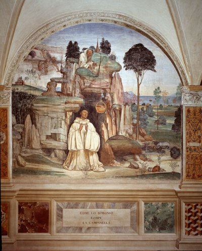 Demonen bryter klokken - Demonen bryter klokkefresken av klosteret laget av Antonio Bazzi dit il Sodoma (1477 - 1549) som forteller om livet til Saint Benedict of Nursie (480 - 567) grunnlegger av Benediktinerordenen 1503 - 1508 Abbey av Monte Olivet av Giovanni Antonio Bazzi Sodoma
