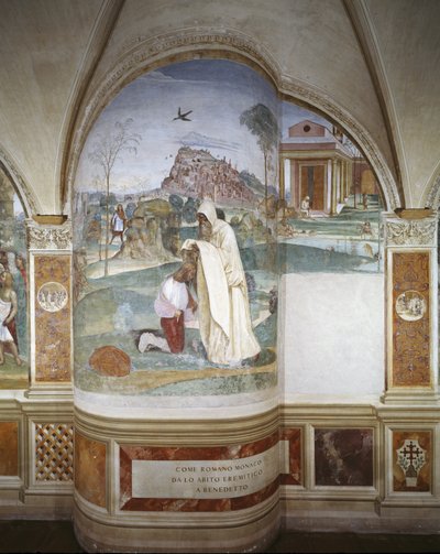 Munken Romano gir Benedikt for vane å være en eremitt av Giovanni Antonio Bazzi Sodoma