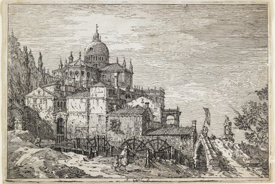 Landskap med kirke, hus og mølle av Giovanni Antonio Canal