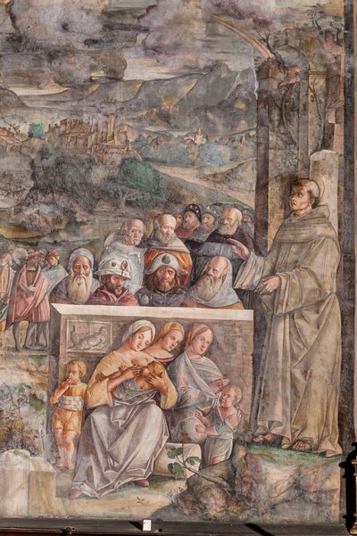 St. Anthony ankommer Padua, hvor han gjenoppretter freden mellom innbyggerne med styrken og søtheten til sin forkynnelse, School of the Saint, detalj av 2196876 av Giovanni Antonio Corona