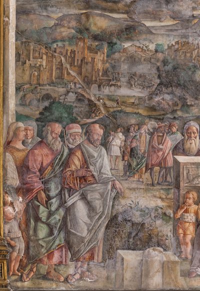 St. Anthony ankommer Padua, hvor han gjenoppretter freden mellom innbyggerne med styrken og søtheten til sin forkynnelse, School of the Saint, detalj av 2196876 av Giovanni Antonio Corona