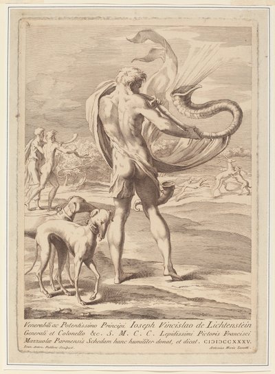 Naken mann blåser en konkylie av Giovanni Antonio Faldoni after Parmigianino