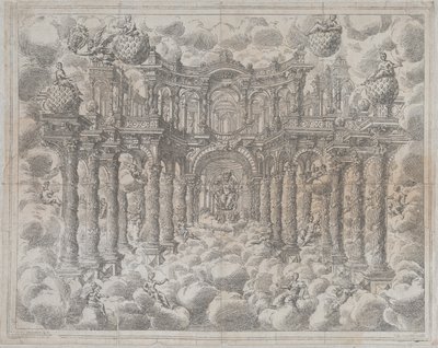 Plate 2 [motsikker]: Scenesett med allegoriske figurer sittende blant skyene, med en..., 1690. av Giovanni Antonio Lorenzini