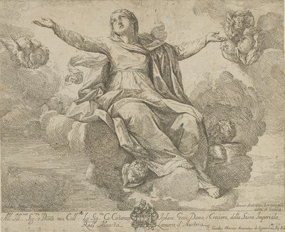 The Assumption of the Virgin, som sitter i skyene med armene utstrakt, ang..., 1685-1720. av Giovanni Antonio Lorenzini