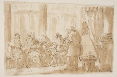 En gruppe på fem prester som snakker med en lekmann av Giovanni Antonio Pellegrini