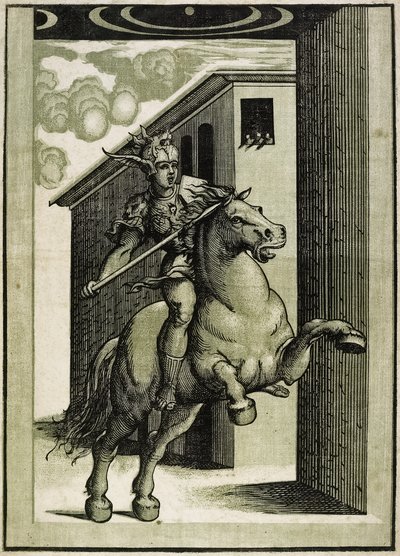 Marcus Curtius, ca. 1540 (chiaroscuro tresnitt fra 3 blokker) av Giovanni Antonio Pordenone