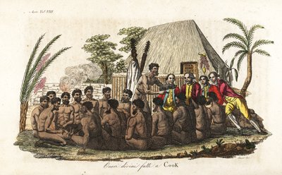 Hawaiianske innfødte tilbyr en offergris til kaptein James Cook foran 12 prester og et treidol i det hellige Orono-huset. Håndfarget kobberplate gravert av Sasso etter John Webber fra Giulio Ferrario