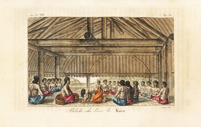 Kong Polaho drikker kava i et langhus, Tonga (vennlige øyer). Håndfarget kobberplate gravert av Sasso etter John Webber fra Giulio Ferrario