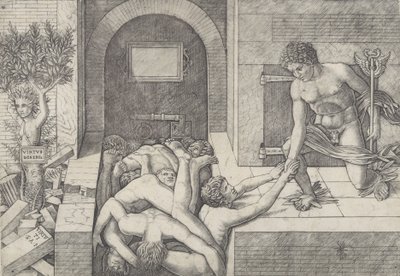 Uvitenhet og Mercury en allegori om dyd og last, Mercury kneler til høyre..., ca. 1490-1525. av Giovanni Antonio da Brescia
