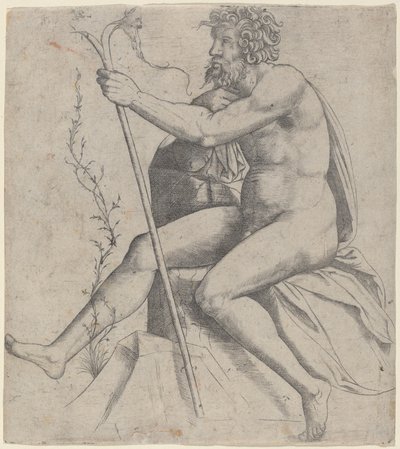Mann som sitter og holder en gaffelstav av Giovanni Antonio da Brescia