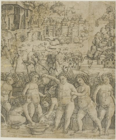 Syv amoriner med to værer i et landskap av Giovanni Antonio da Brescia