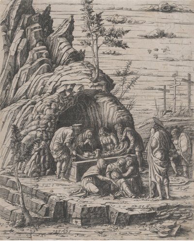 Kristi gravleggelse som blir senket av to menn ned i en steingrav før..., ca. 1470-1500. av Giovanni Antonio da Brescia