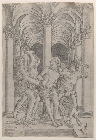 The Flagellation of Christ som er bundet til en søyle i midten satt i en arkade, 1509., 1509. av Giovanni Antonio da Brescia