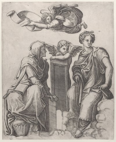 To kvinnelige skikkelser som sitter i skyene som flankerer en engel og en annen som flyr over ..., ca. 1510-25. av Giovanni Antonio da Brescia