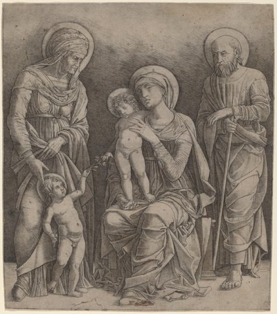 Hellig familie med Saint Elizabeth og spedbarnet Saint John av Giovanni Antonio da Brescia, after Andrea Mantegna