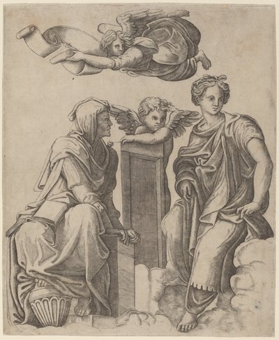 To sibyller og en engel av Giovanni Antonio da Brescia after Raphael