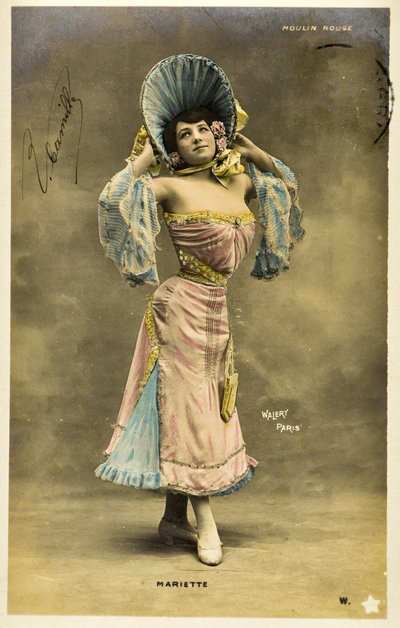 Postkort: Moulin Rouge - Portrett av Mariette, Music hall artist av Phillipe de Marlier