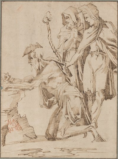 Knelende eremitt og to draperte figurer som vurderer en hodeskalle av Giovanni Bandini