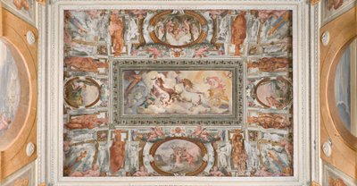 Solvogn drevet av Apollo, Apollo Loggia, ca. 1560 (fresco) av Giovanni Battista and Cambiaso Luca Castello