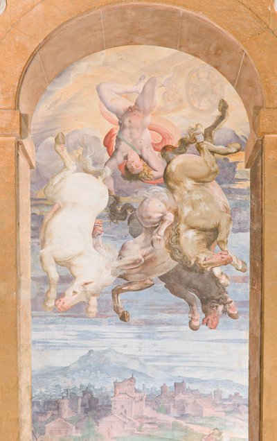 Solvognen drevet av Apollo som dykker mot jorden, østveggen til Apollo Loggia, ca. 1560 (fresco) av Giovanni Battista and Cambiaso Luca Castello