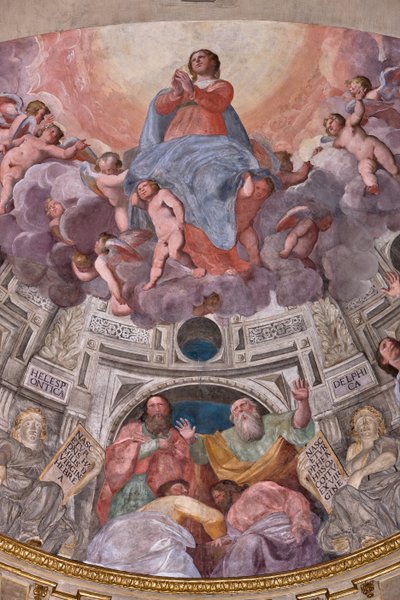 Genova, Duomo (St. Lawrence Cathedral), inne, The Lercari Chapel eller The Chapel of the Blessed Sacrament (Northern apse), apsis: "Assumption of the Virgin", freskomaleri av Giovanni Battista Castello kjent som Bergamasco av Giovanni Battista Castello
