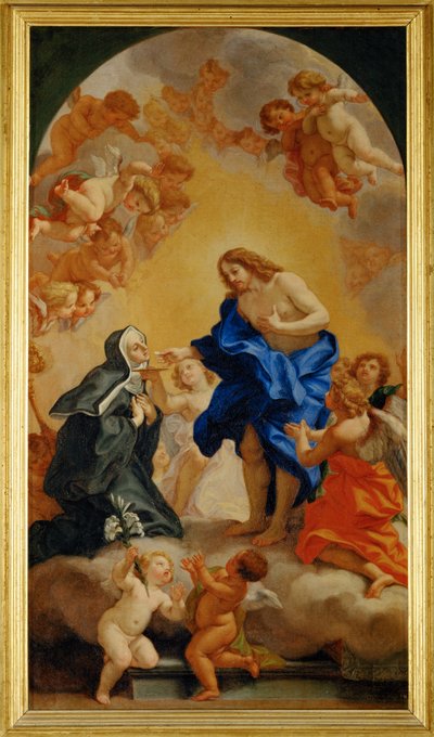 Eine selige Äbtissin empfängt die Kommunion aus den Händen Christi von Giovanni Battista (1639-1709) Gaulli