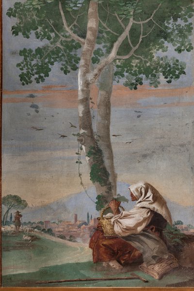 Gammel bondekvinne med en kurv med egg, fra 'Foresteria' (gjestehus) av Giovanni Battista Tiepolo