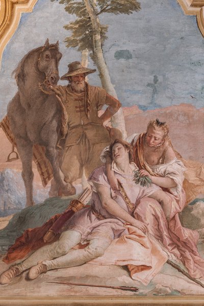 Palazzina (liten bygning): andre rom eller rom til Ariosto med fresker som representerer episoder fra "Orlando Furioso": "Angelica tar seg av Medoros sår" av Giovanni Battista Tiepolo