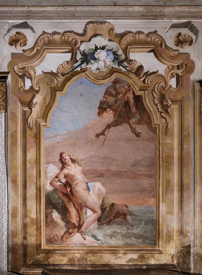 Palazzina (Kleines Gebäude): zweiter Raum oder Raum von Ariosto mit Fresken, die Episoden aus "Orlando Furioso" darstellen: "Ruggiero rettet Angelica vor dem Seeungeheuer" von Giovanni-Battista Tiepolo