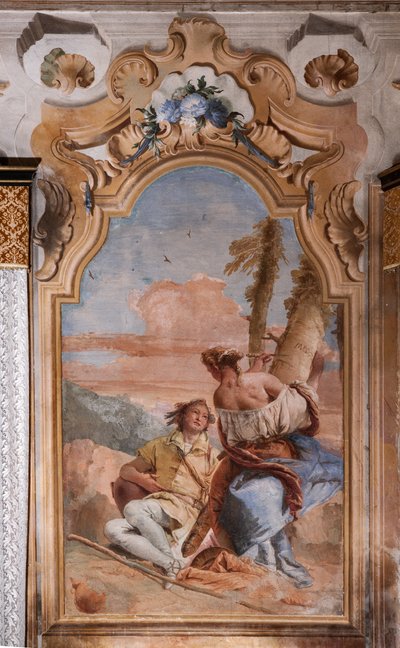 Palazzina (liten bygning): andre rom eller rom til Ariosto med fresker som representerer episoder fra "Orlando Furioso": "Angelica og Medoro graverer navnene sine på barken til plantene" av Giovanni Battista Tiepolo