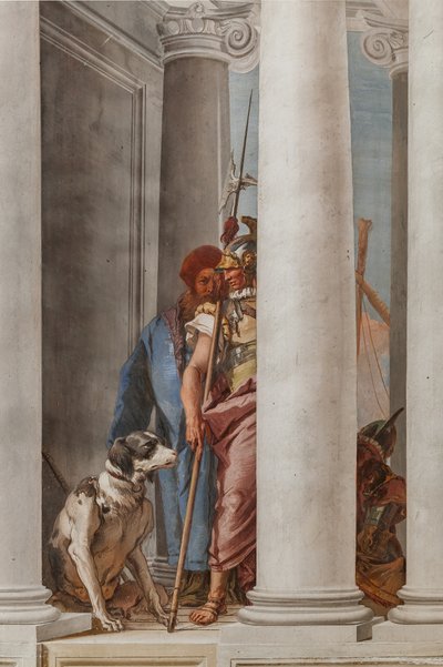 Palazzina (Kleines Gebäude), die Eingangshalle: "Die griechische Flotte in Aulis", Detail eines Hundes und eines Soldaten von Giovanni-Battista Tiepolo