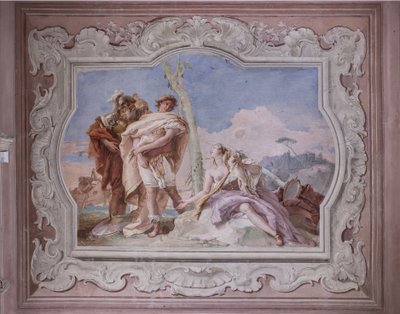 Palazzina (Kleines Gebäude): Ansicht des vierten Raums oder von Torquato Tasso, mit Fresken, die Episoden aus "Das befreite Jerusalem" darstellen: "Rinaldo, begleitet von Ubaldo und Carlo, verlässt Armida" von Giovanni-Battista Tiepolo